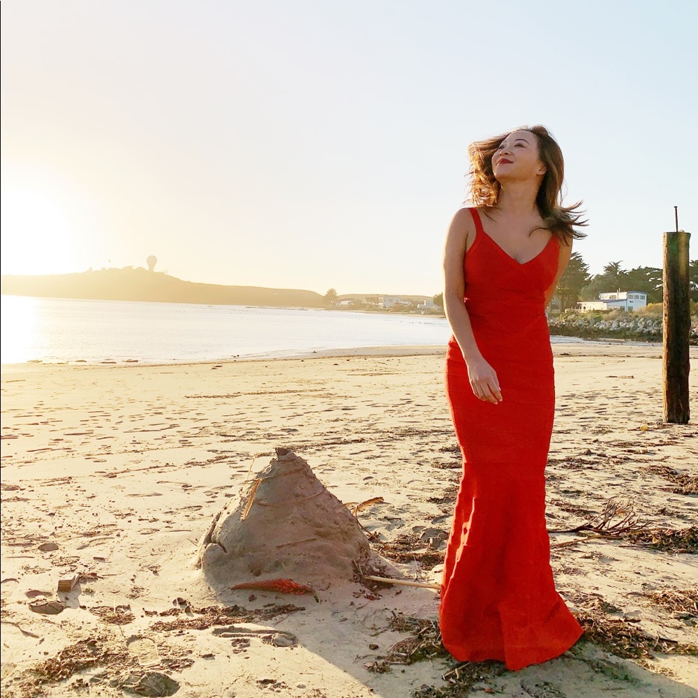 Red Herve inspired long mermaid dress